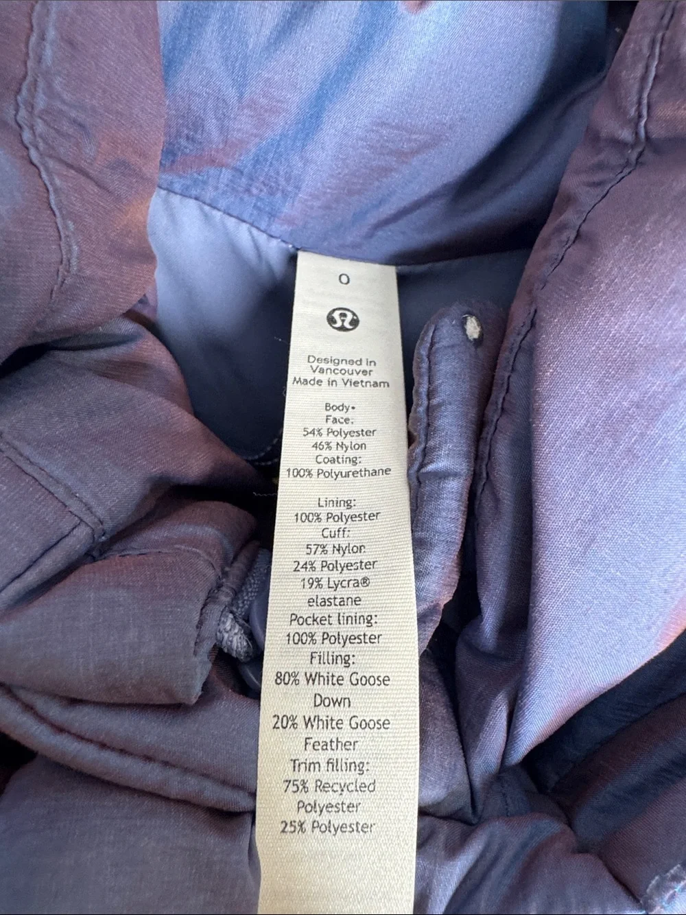 Lululemon Wunder Puff Jacket Iridescent Heathered Wild Indigo goose Down size 0